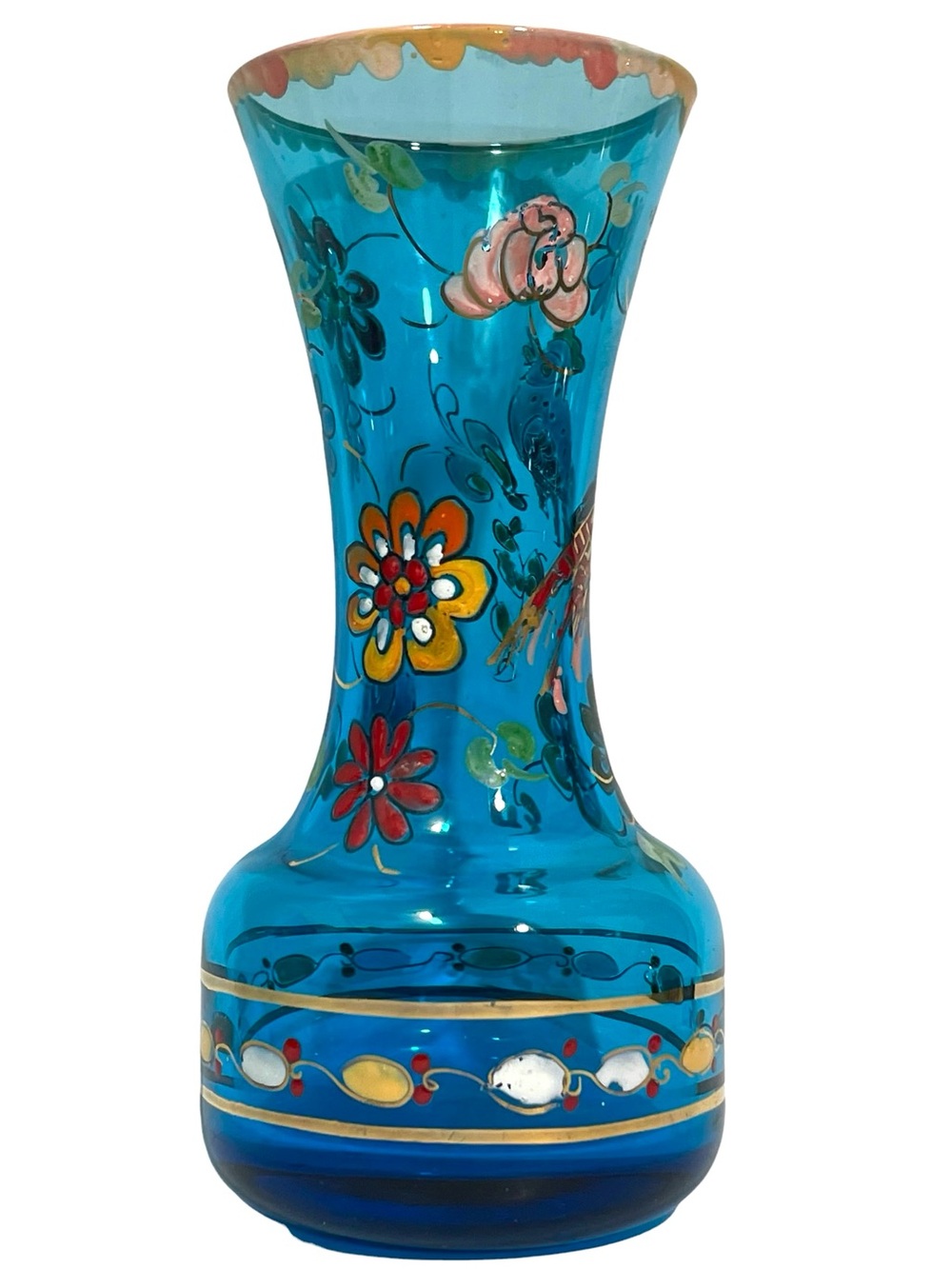 Vintage 1970s Signed Jose Royo Hand Blown Glass Blue Vase Enamel - Spanish